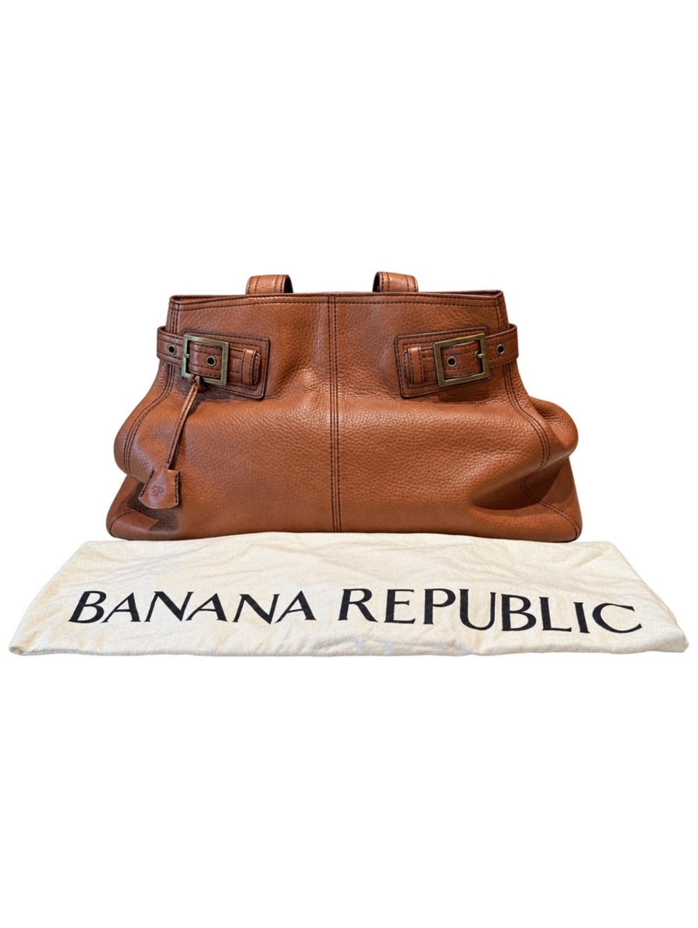 Vintage Banana Republic Cognac Pebbled Leather Tote with brass Buckles dust bag